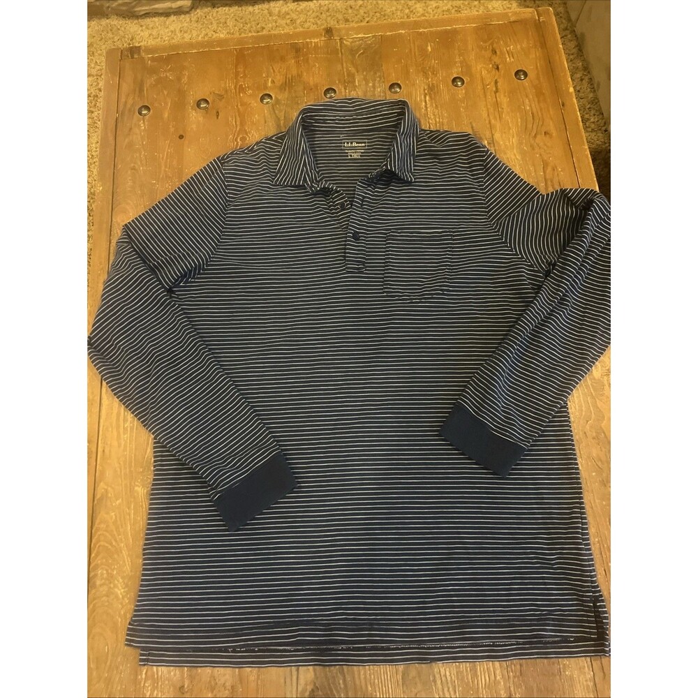 LL Bean Henley Polo Mens Large Tall LT Blue Stripped Long Sleeve Slightly Fitted